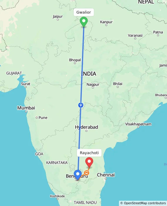 Route map showing distance and travel time from Gwalior, India to Rayachoti, India