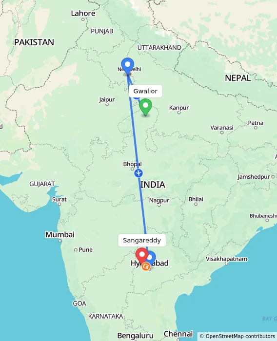 Route map showing distance and travel time from Gwalior, India to Sangareddy, India