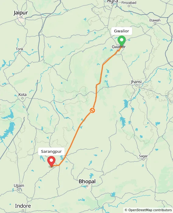 Route map showing distance and travel time from Gwalior, India to Sarangpur, India