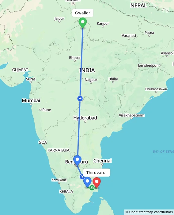Route map showing distance and travel time from Gwalior, India to Thiruvarur, India