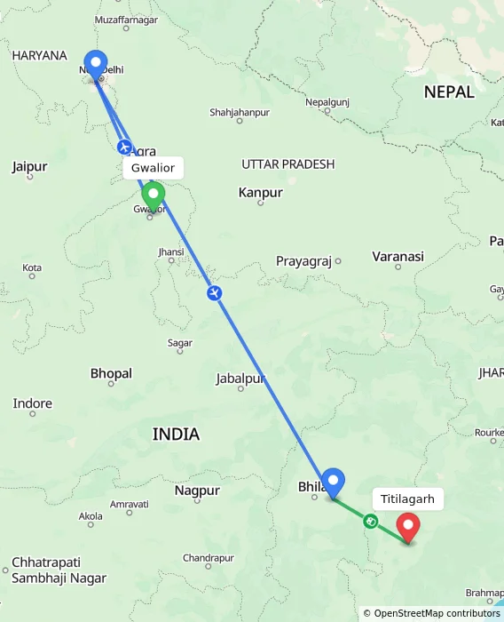 Route map showing distance and travel time from Gwalior, India to Titilagarh, India