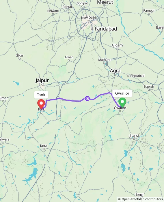 Route map showing distance and travel time from Gwalior, India to Tonk, India