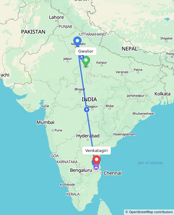 Route map showing distance and travel time from Gwalior, India to Venkatagiri, India