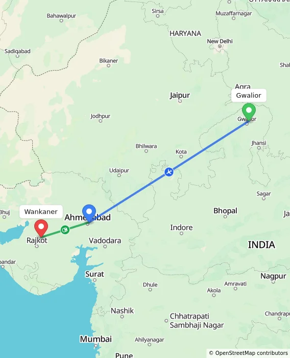 Route map showing distance and travel time from Gwalior, India to Wankaner, India