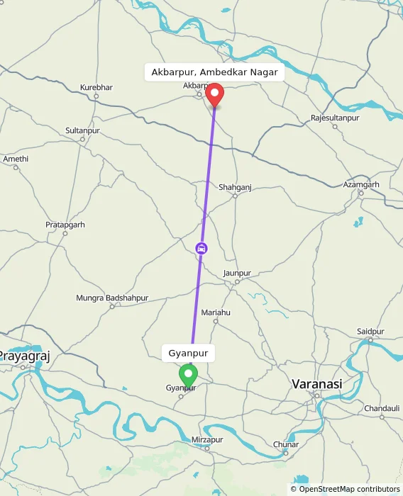 Route map showing distance and travel time from Gyanpur, India to Akbarpur, Ambedkar Nagar, India