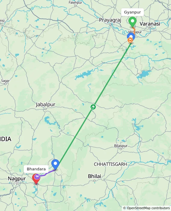 Route map showing distance and travel time from Gyanpur, India to Bhandara, India