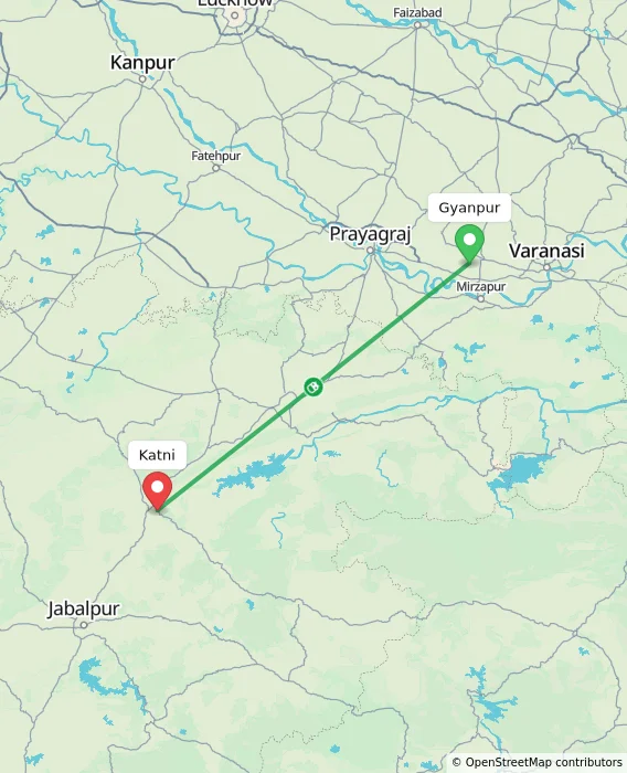 Route map showing distance and travel time from Gyanpur, India to Katni, India