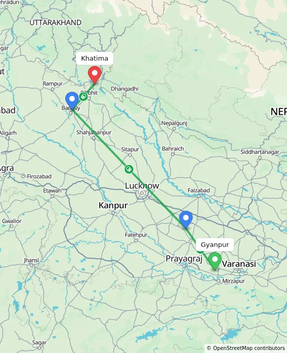Route map showing distance and travel time from Gyanpur, India to Khatima, India