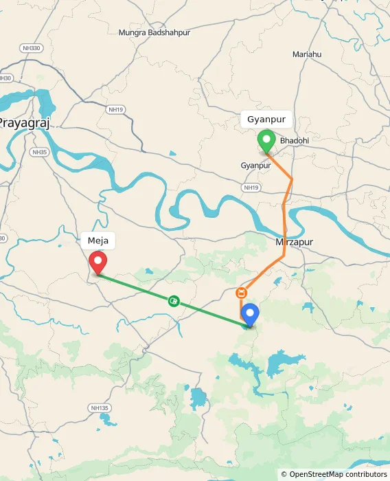 Route map showing distance and travel time from Gyanpur, India to Meja, India