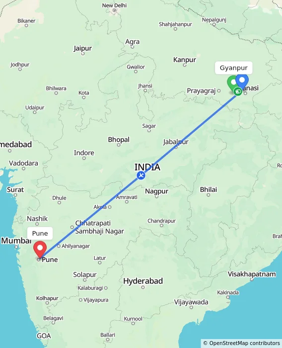 Route map showing distance and travel time from Gyanpur, India to Pune, India