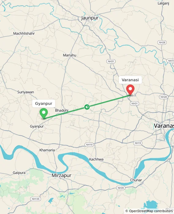 Route map showing distance and travel time from Gyanpur, India to Varanasi, India