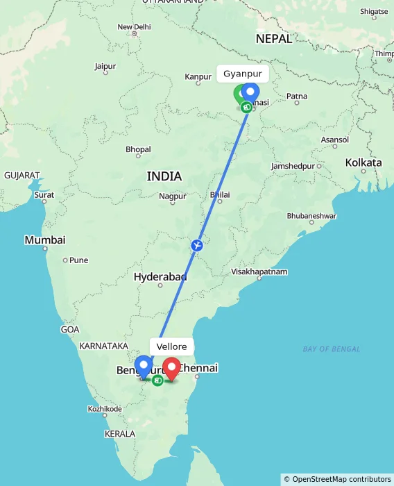 Route map showing distance and travel time from Gyanpur, India to Vellore, India