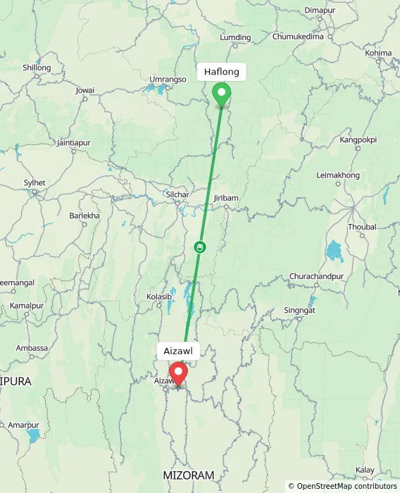 Route map showing distance and travel time from Haflong, India to Aizawl, India