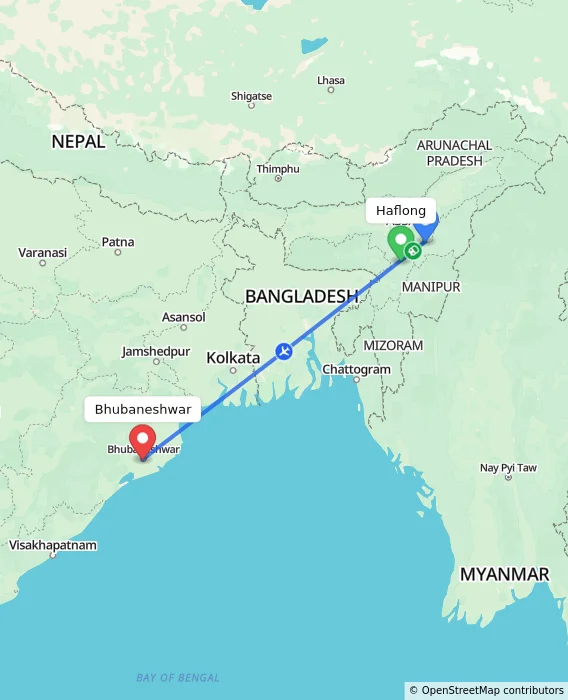 Route map showing distance and travel time from Haflong, India to Bhubaneshwar, India