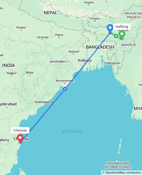Route map showing distance and travel time from Haflong, India to Chennai, India