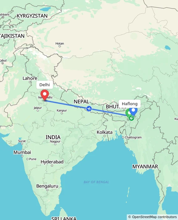 Route map showing distance and travel time from Haflong, India to Delhi, India