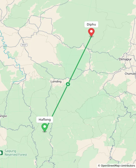 Route map showing distance and travel time from Haflong, India to Diphu, India