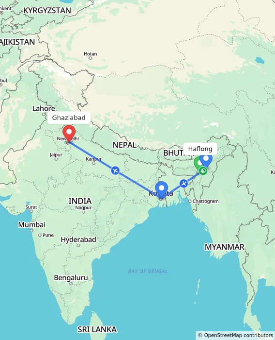 Route map showing distance and travel time from Haflong, India to Ghaziabad, India