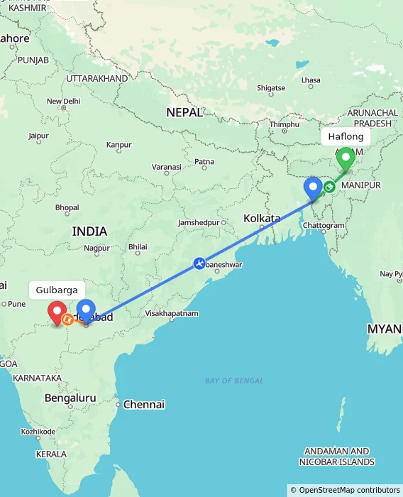 Route map showing distance and travel time from Haflong, India to Gulbarga, India