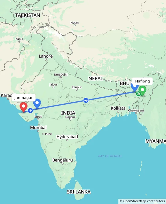 Route map showing distance and travel time from Haflong, India to Jamnagar, India