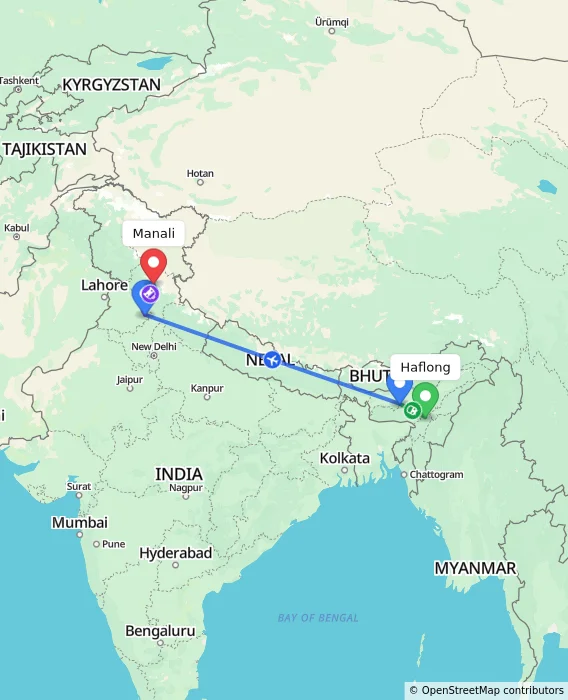 Route map showing distance and travel time from Haflong, India to Manali, India