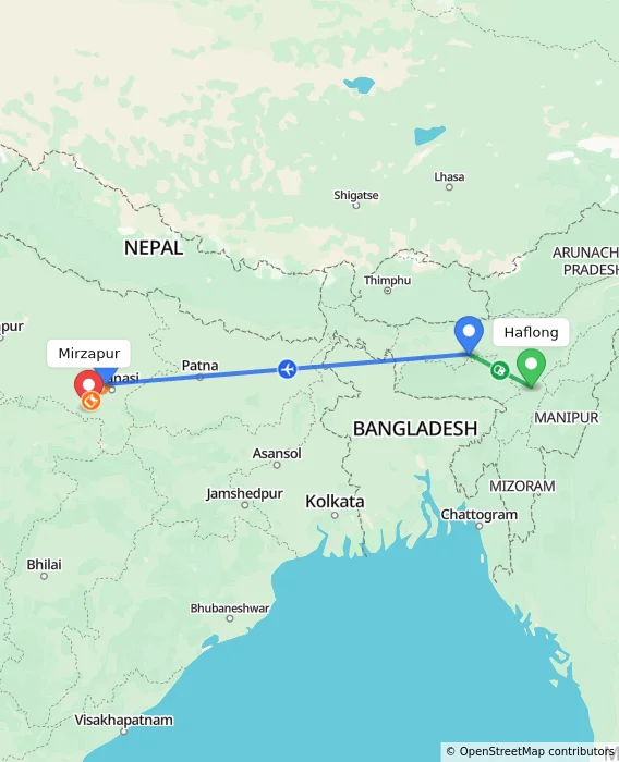 Route map showing distance and travel time from Haflong, India to Mirzapur, India