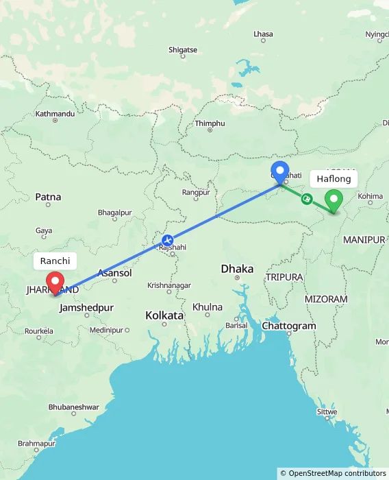 Route map showing distance and travel time from Haflong, India to Ranchi, India