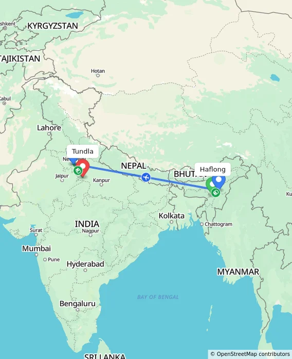 Route map showing distance and travel time from Haflong, India to Tundla, India