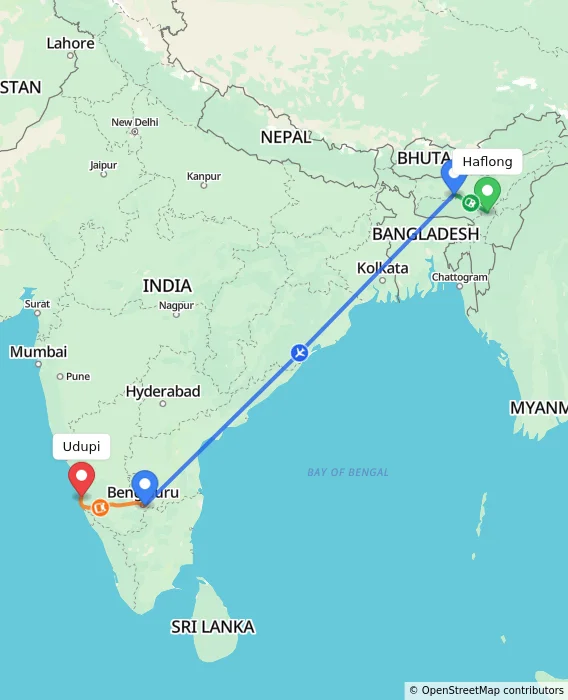 Route map showing distance and travel time from Haflong, India to Udupi, India