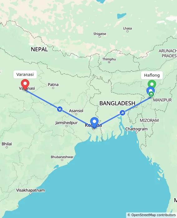 Route map showing distance and travel time from Haflong, India to Varanasi, India