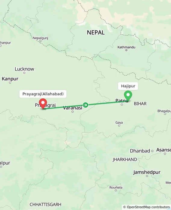 Route map showing distance and travel time from Hajipur, India to Allahabad, India