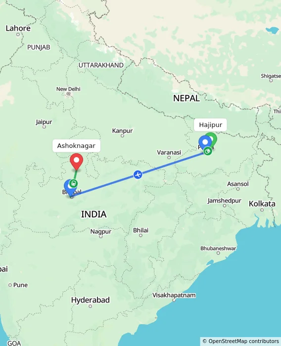 Route map showing distance and travel time from Hajipur, India to Ashoknagar, India