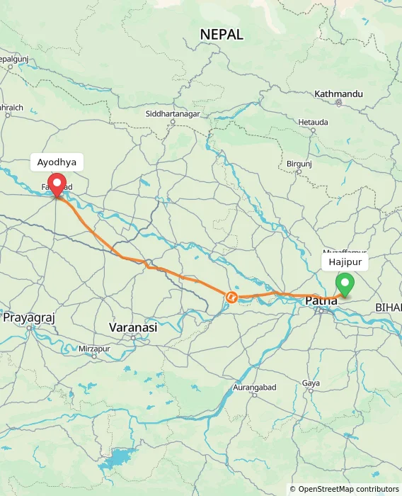 Route map showing distance and travel time from Hajipur, India to Ayodhya, India