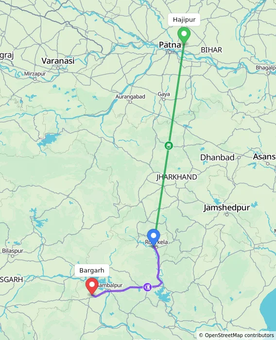 Route map showing distance and travel time from Hajipur, India to Bargarh, India