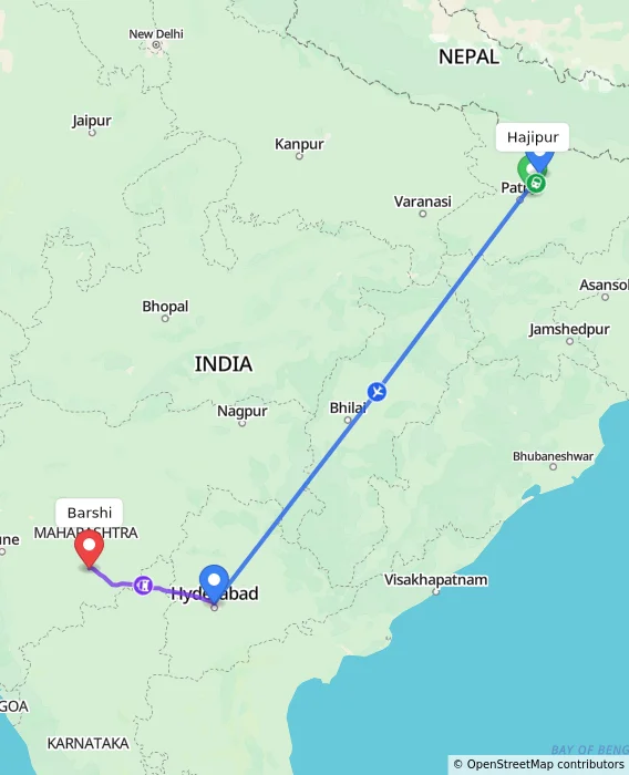 Route map showing distance and travel time from Hajipur, India to Barshi, India