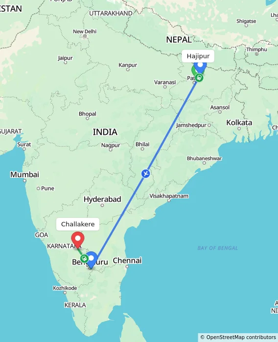 Route map showing distance and travel time from Hajipur, India to Challakere, India
