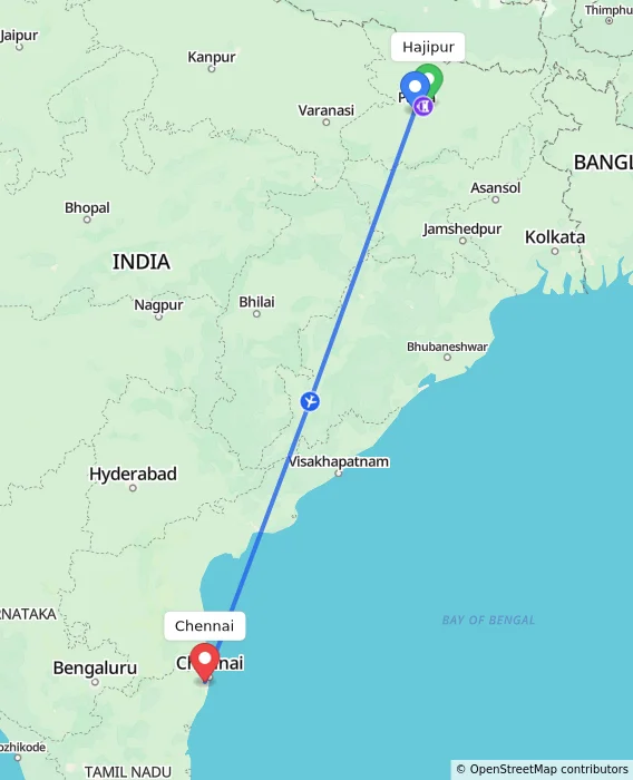 Route map showing distance and travel time from Hajipur, India to Chennai, India