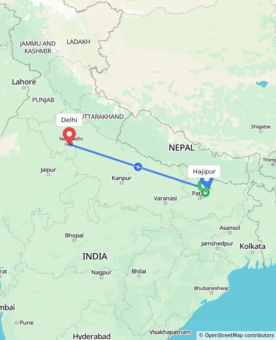 Route map showing distance and travel time from Hajipur, India to Delhi, India
