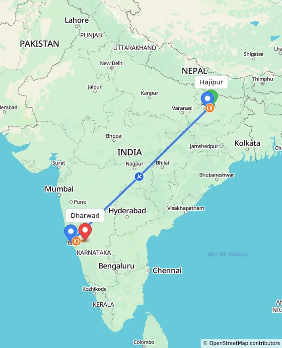 Route map showing distance and travel time from Hajipur, India to Dharwad, India