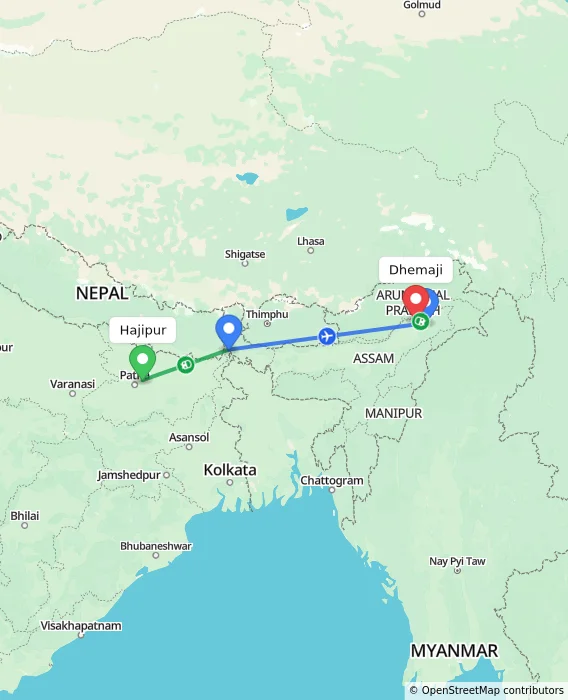 Route map showing distance and travel time from Hajipur, India to Dhemaji, India