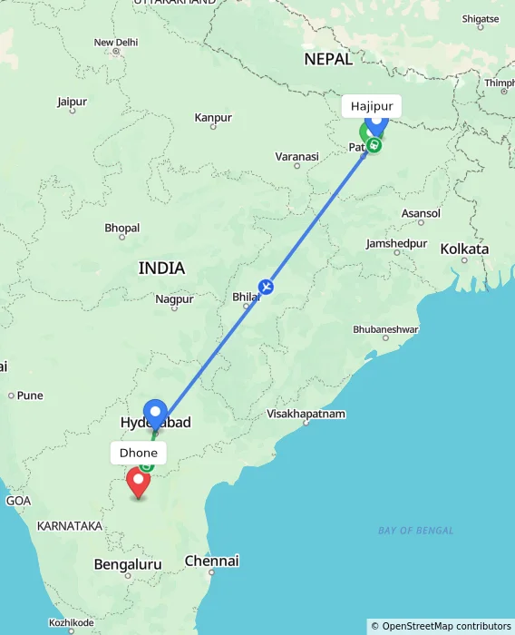 Route map showing distance and travel time from Hajipur, India to Dhone, India