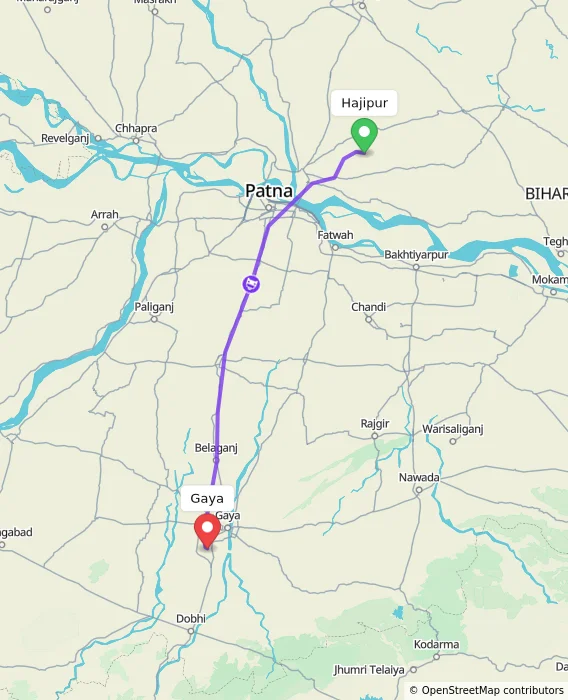Route map showing distance and travel time from Hajipur, India to Gaya, India