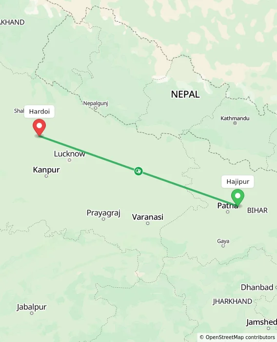Route map showing distance and travel time from Hajipur, India to Hardoi, India
