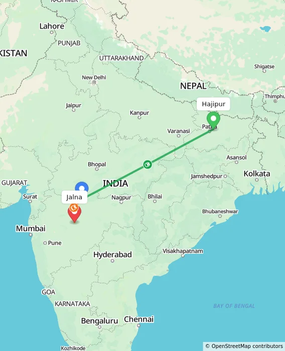 Route map showing distance and travel time from Hajipur, India to Jalna, India