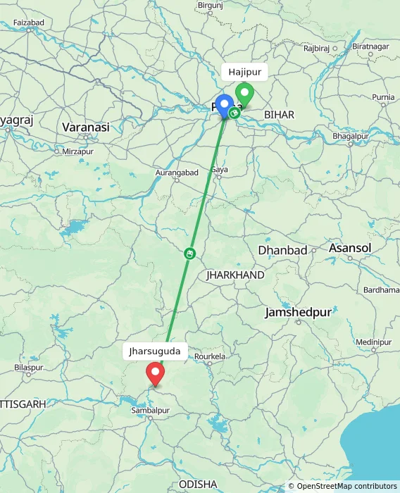 Route map showing distance and travel time from Hajipur, India to Jharsuguda, India