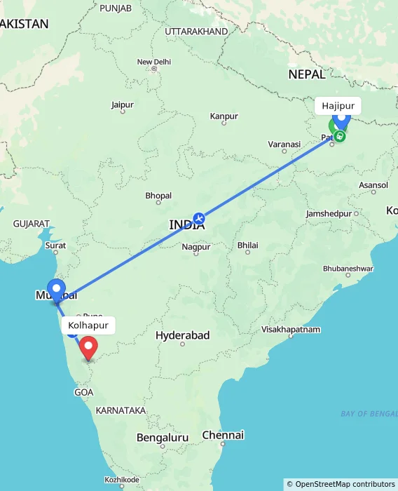 Route map showing distance and travel time from Hajipur, India to Kolhapur, India