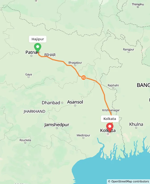 Route map showing distance and travel time from Hajipur, India to Kolkata, India