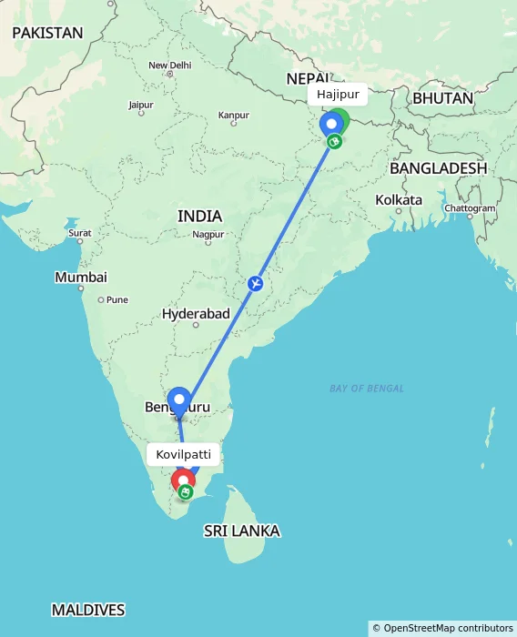 Route map showing distance and travel time from Hajipur, India to Kovilpatti, India