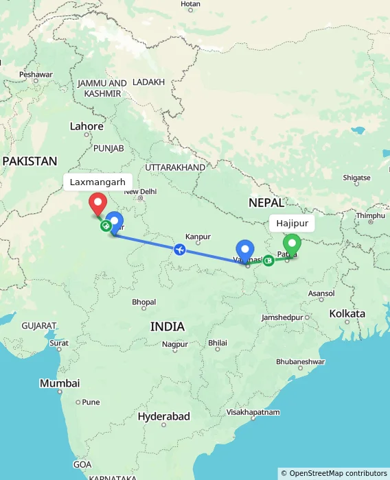 Route map showing distance and travel time from Hajipur, India to Laxmangarh, India