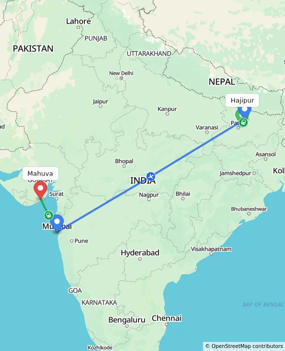 Route map showing distance and travel time from Hajipur, India to Mahuva, India